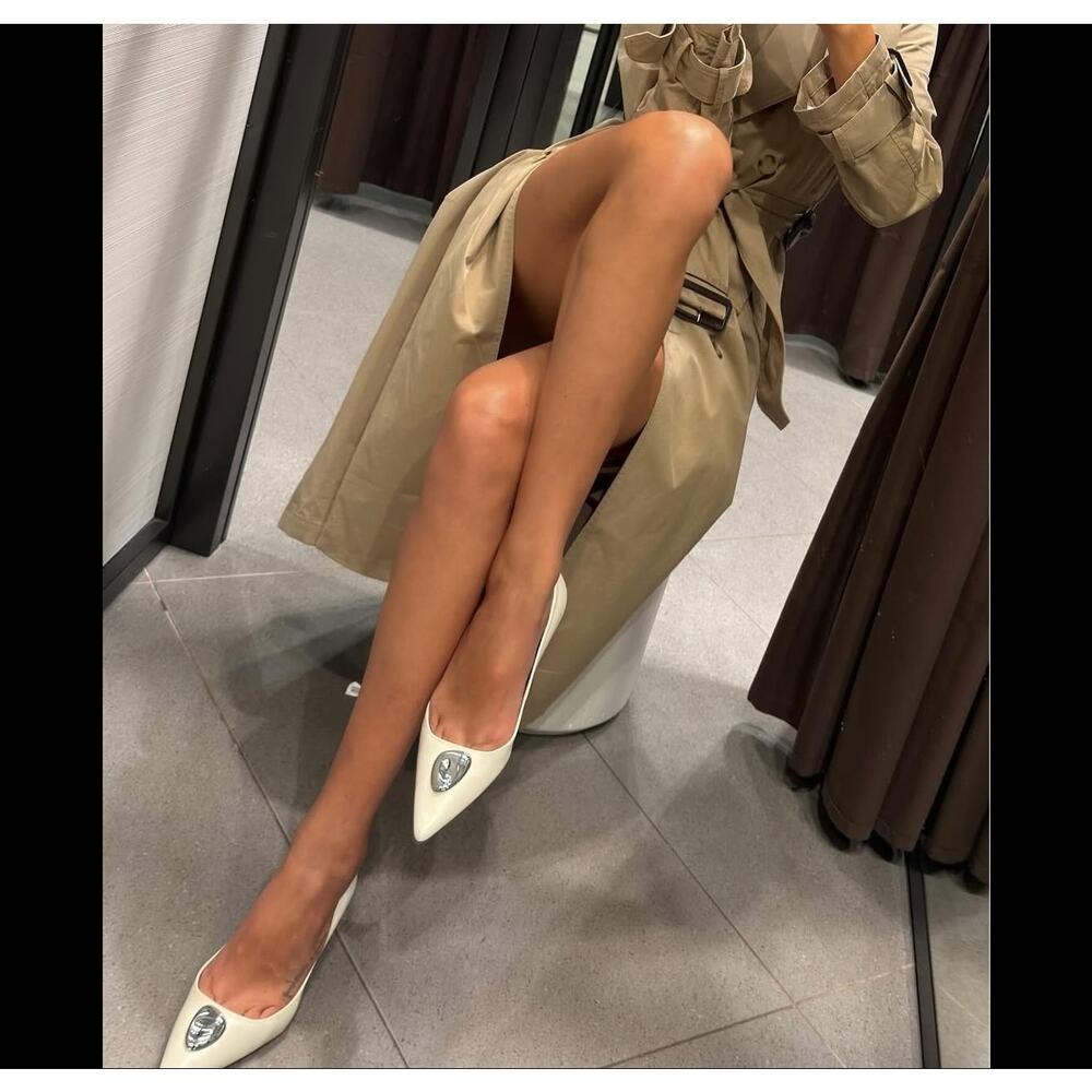 ZARA White Leather Cap Toe Heels NWT Silver Metal Pointed Pumps Size 8 - Picture 16 of 16